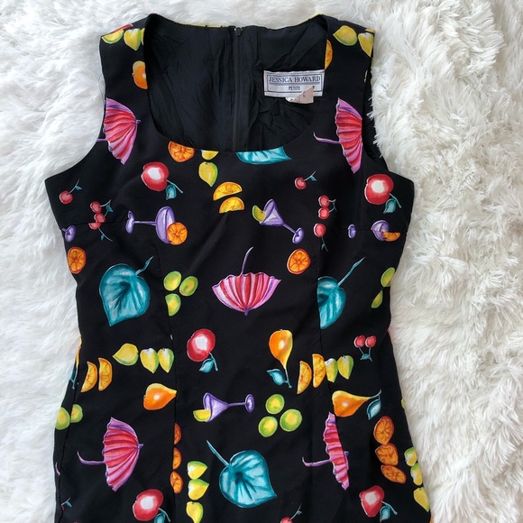 JESSICA HOWARD • Vintage Black Dress Neon Funky Fruit and Cocktail Pattern - Picture 11 of 14